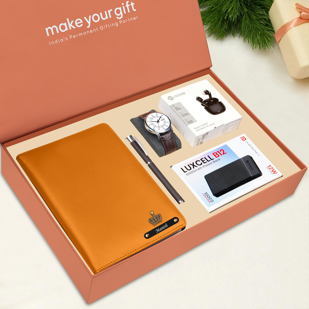 Personalized Diary Pen Power Bank Earbuds & Watch Gift Hamper