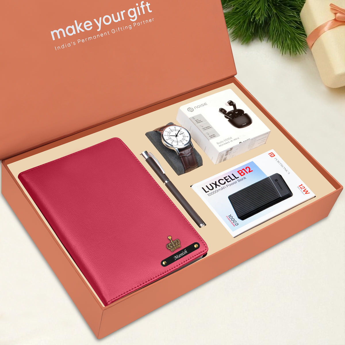 Personalized Diary Pen Power Bank Earbuds & Watch Gift Hamper