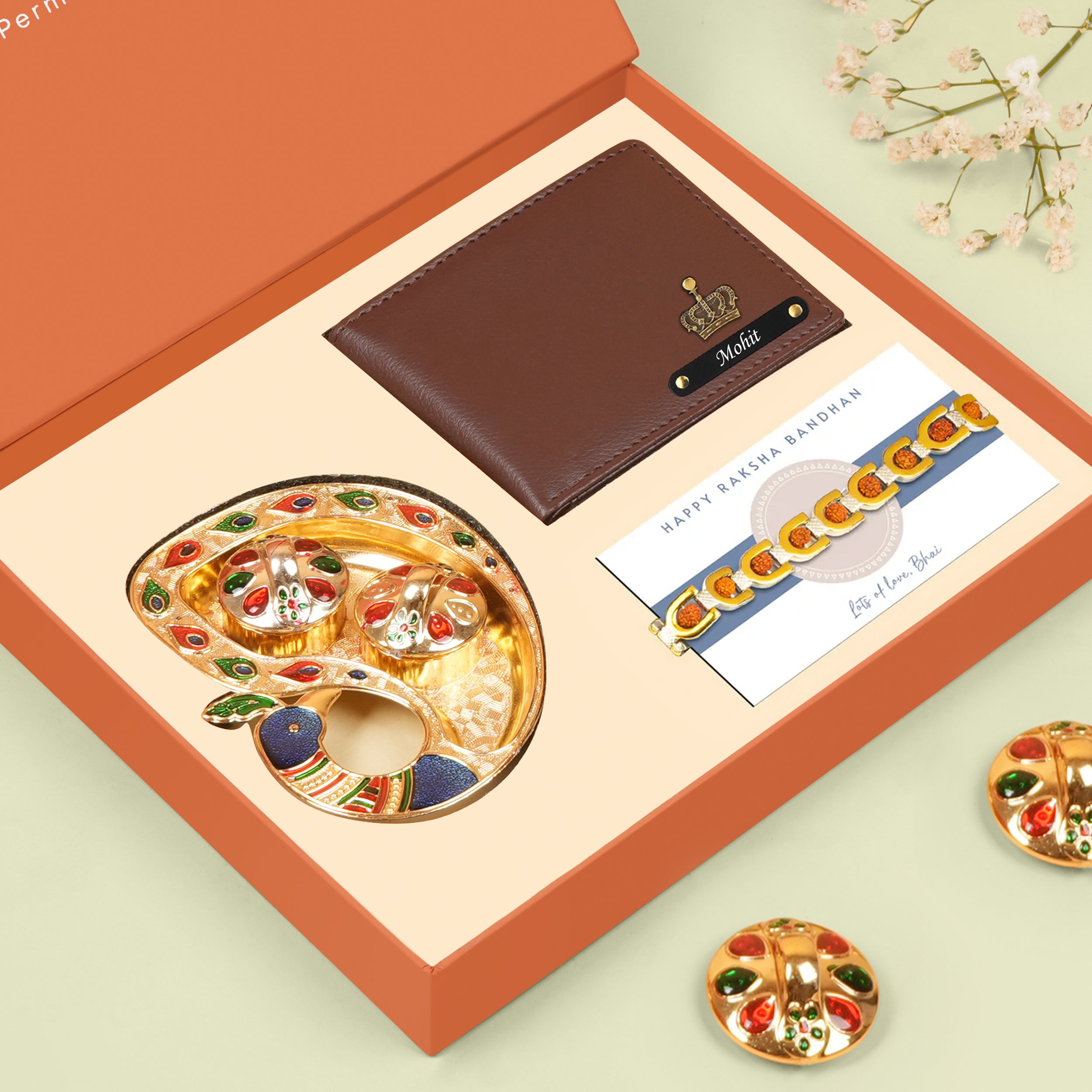 Personalized Leather Wallet & Bracelet Rakhi Hamper