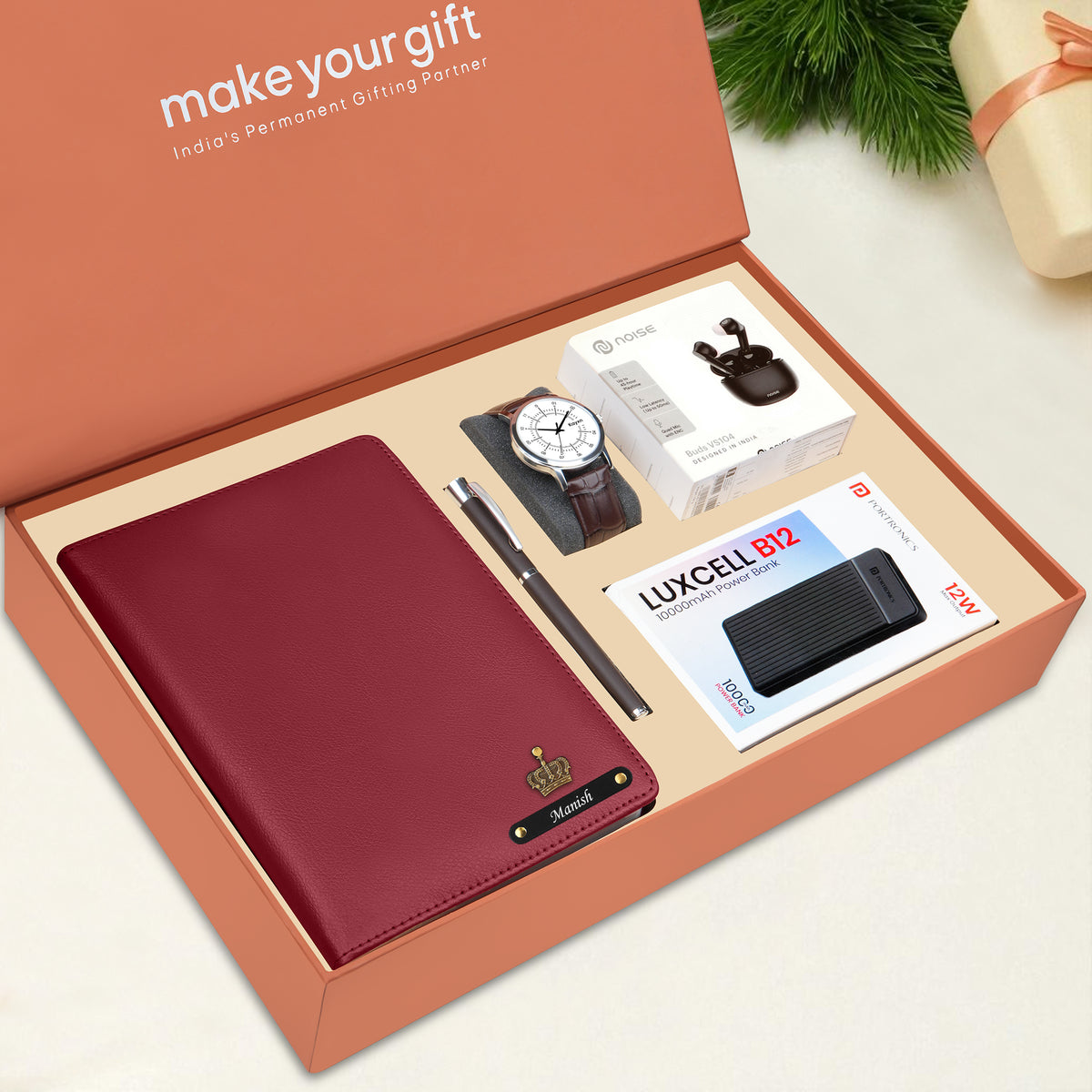 Personalized Diary Pen Power Bank Earbuds & Watch Gift Hamper