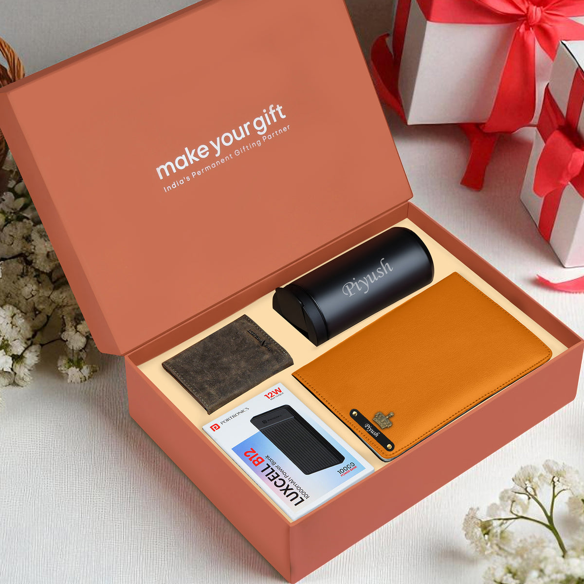 Personalized Diary Tumbler Cardholder And Power Bank Gift Hamper For Him