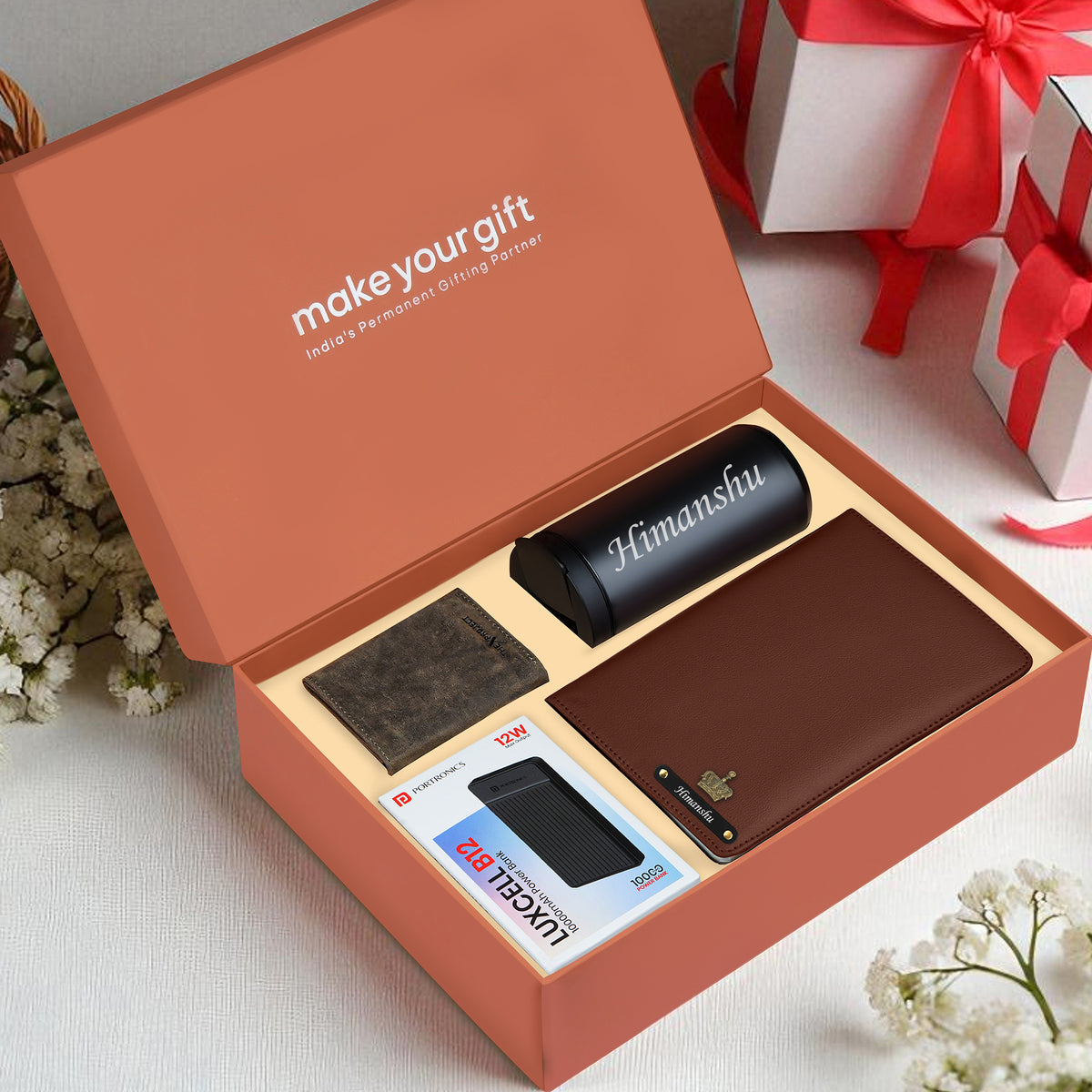 Personalized Diary Tumbler Cardholder And Power Bank Gift Hamper For Him
