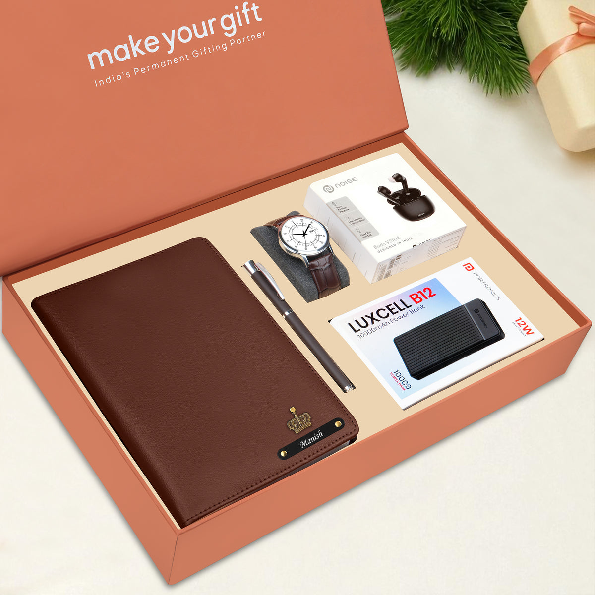 Personalized Diary Pen Power Bank Earbuds & Watch Gift Hamper