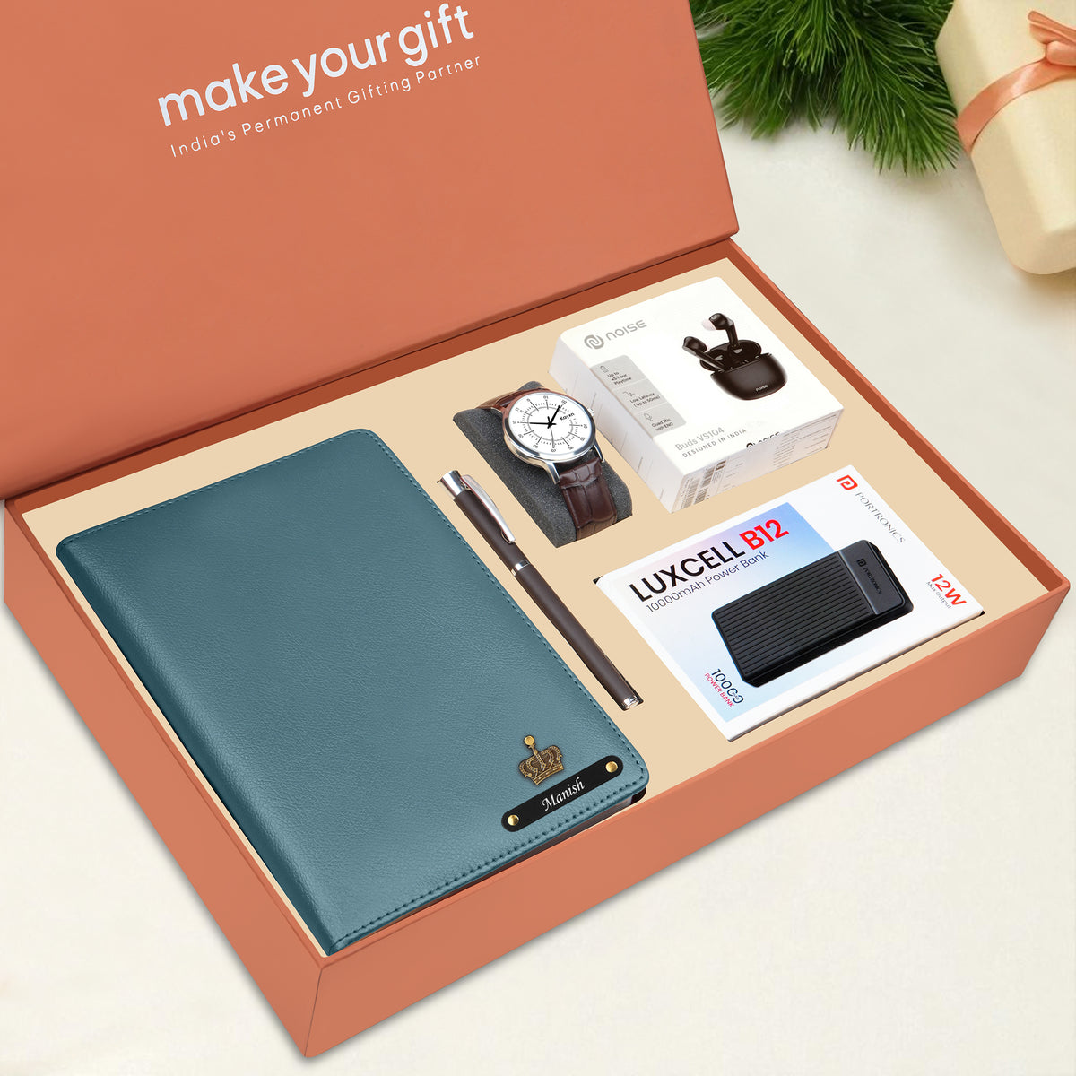 Personalized Diary Pen Power Bank Earbuds & Watch Gift Hamper