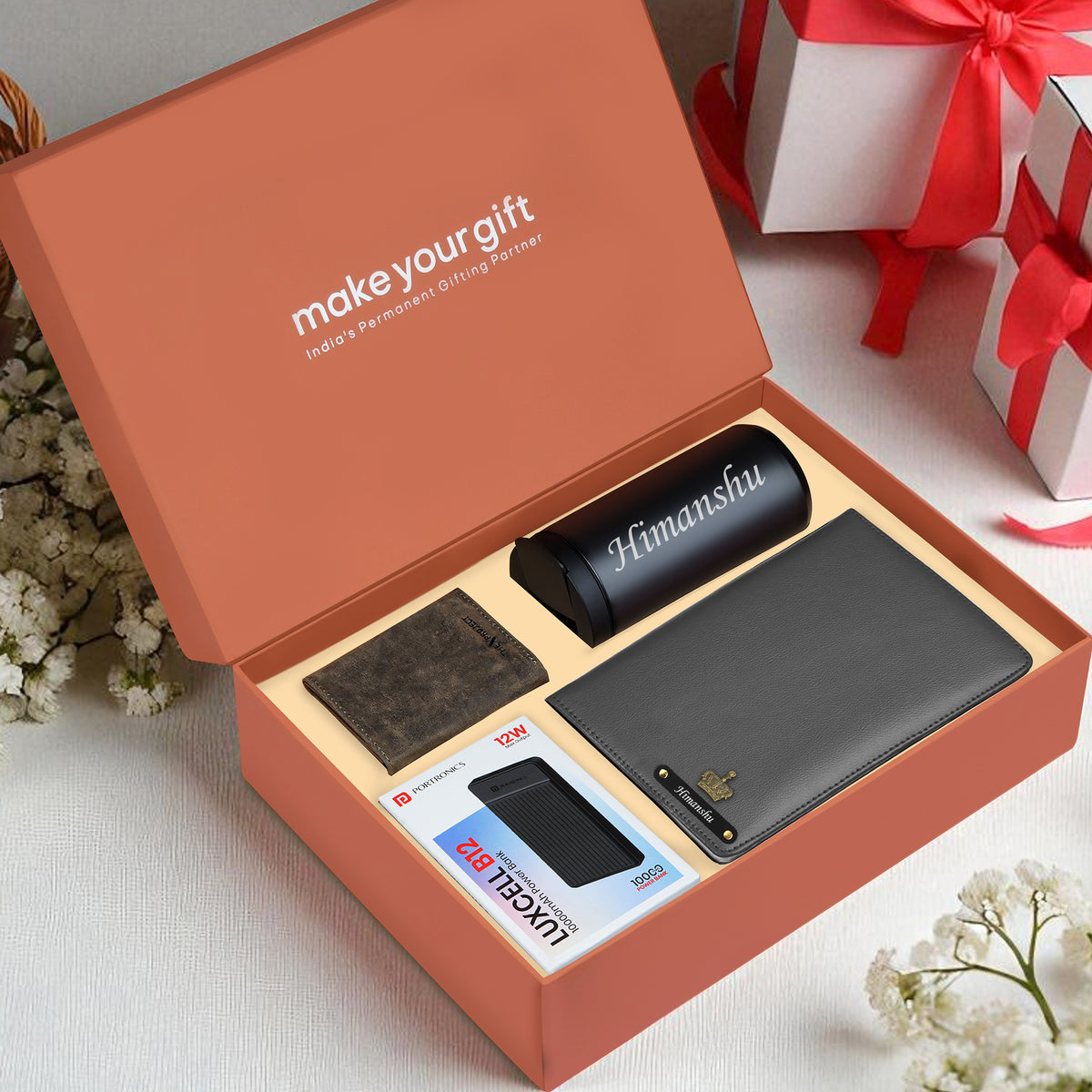 Personalized Diary Tumbler Cardholder And Power Bank Gift Hamper For Him