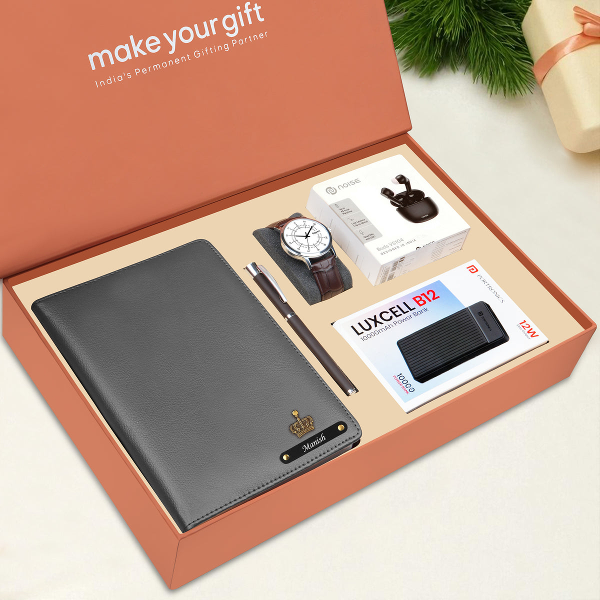 Personalized Diary Pen Power Bank Earbuds & Watch Gift Hamper
