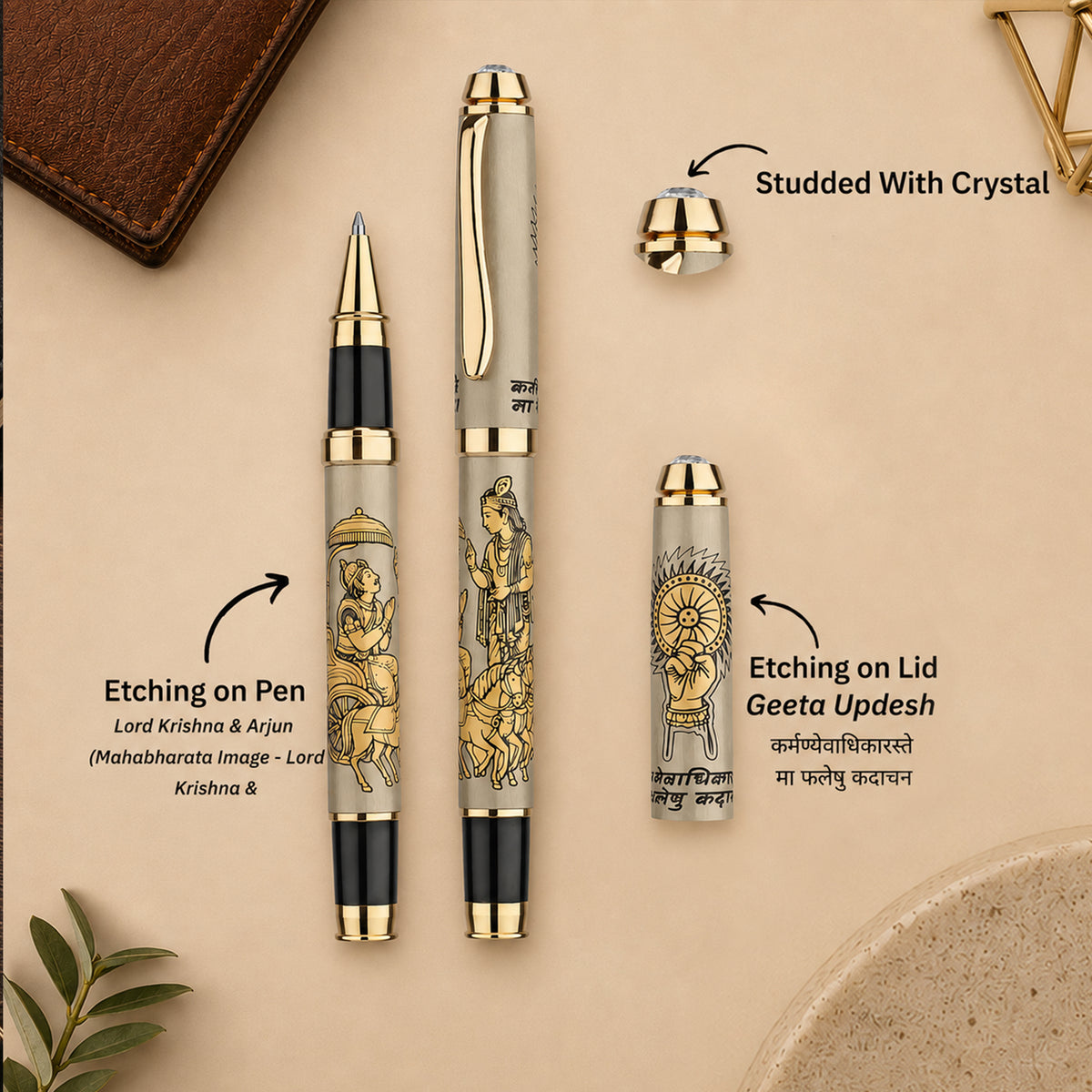 Divine Ink Bhagwat Geeta Updesh Premium Etched Metal Roller Pen