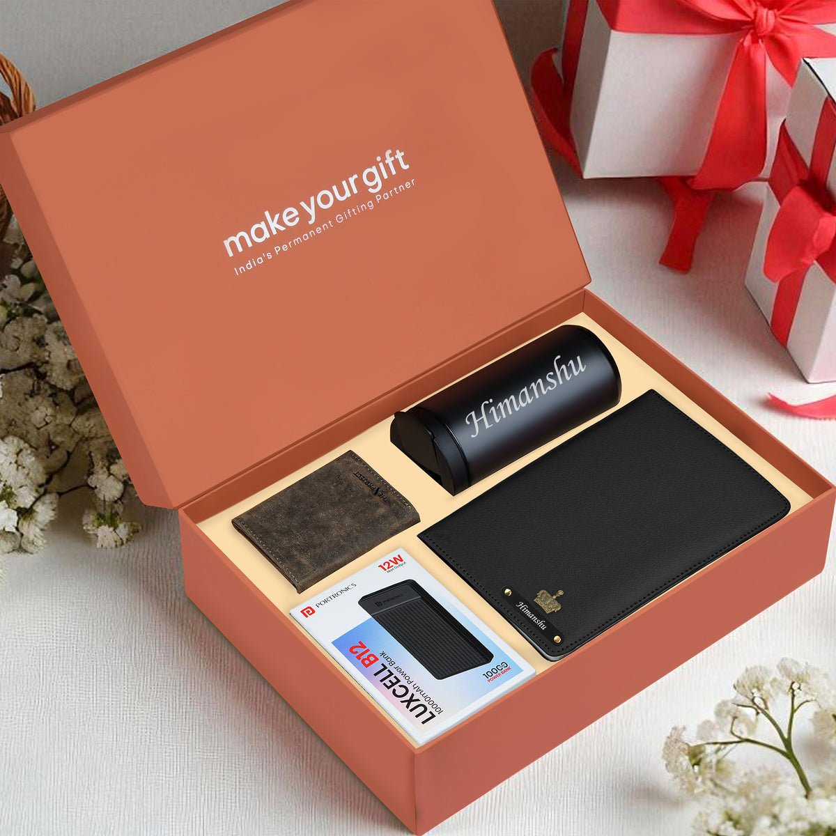 Personalized Diary Tumbler Cardholder And Power Bank Gift Hamper For Him