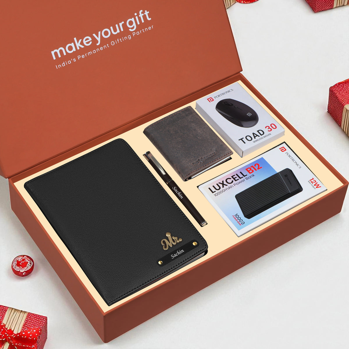 Personalized Diary Cardholder Powerbank Mouse & Pen Gift Hamper For Him