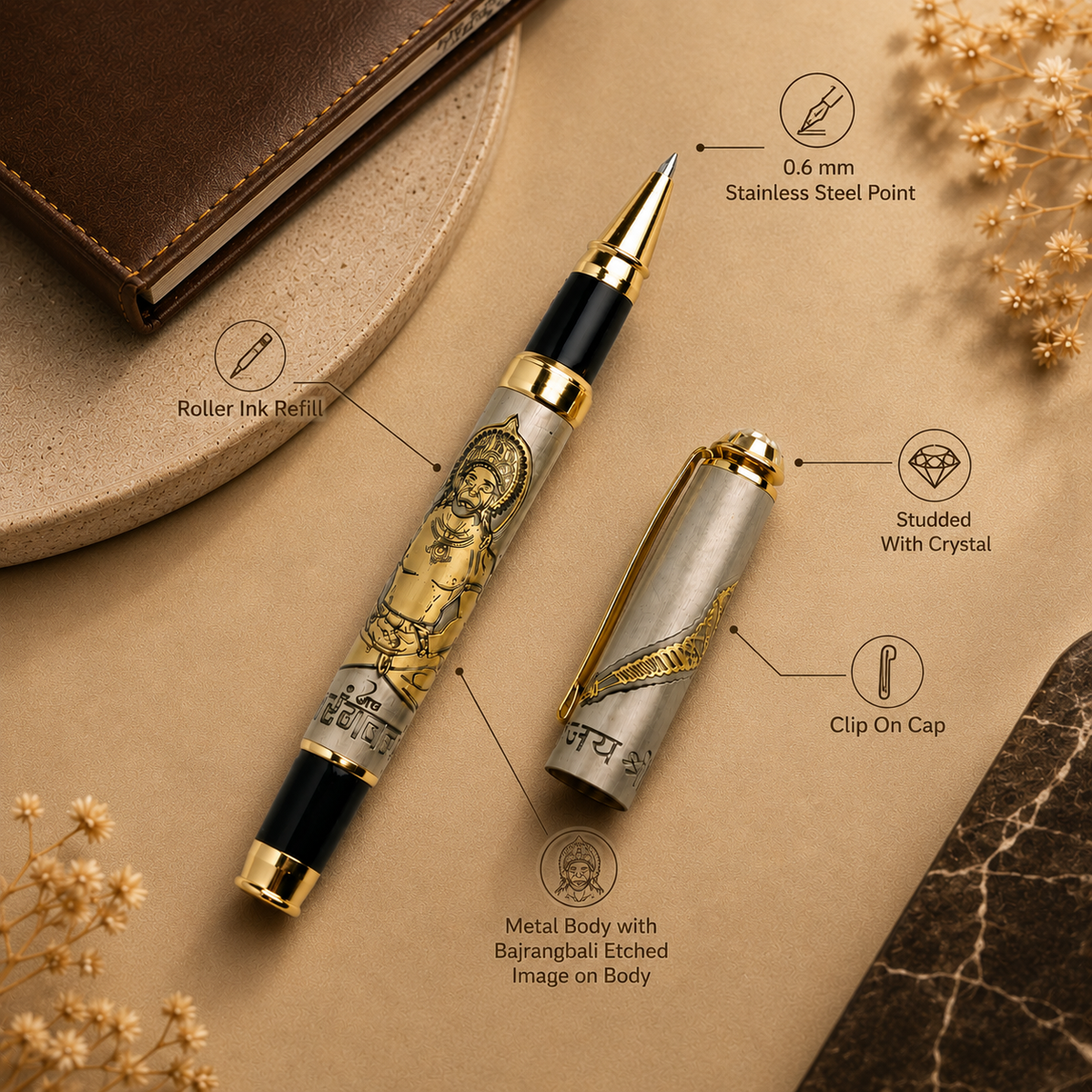 Divine Ink Bajrangbali Edition Premium Etched Metal Roller Pen