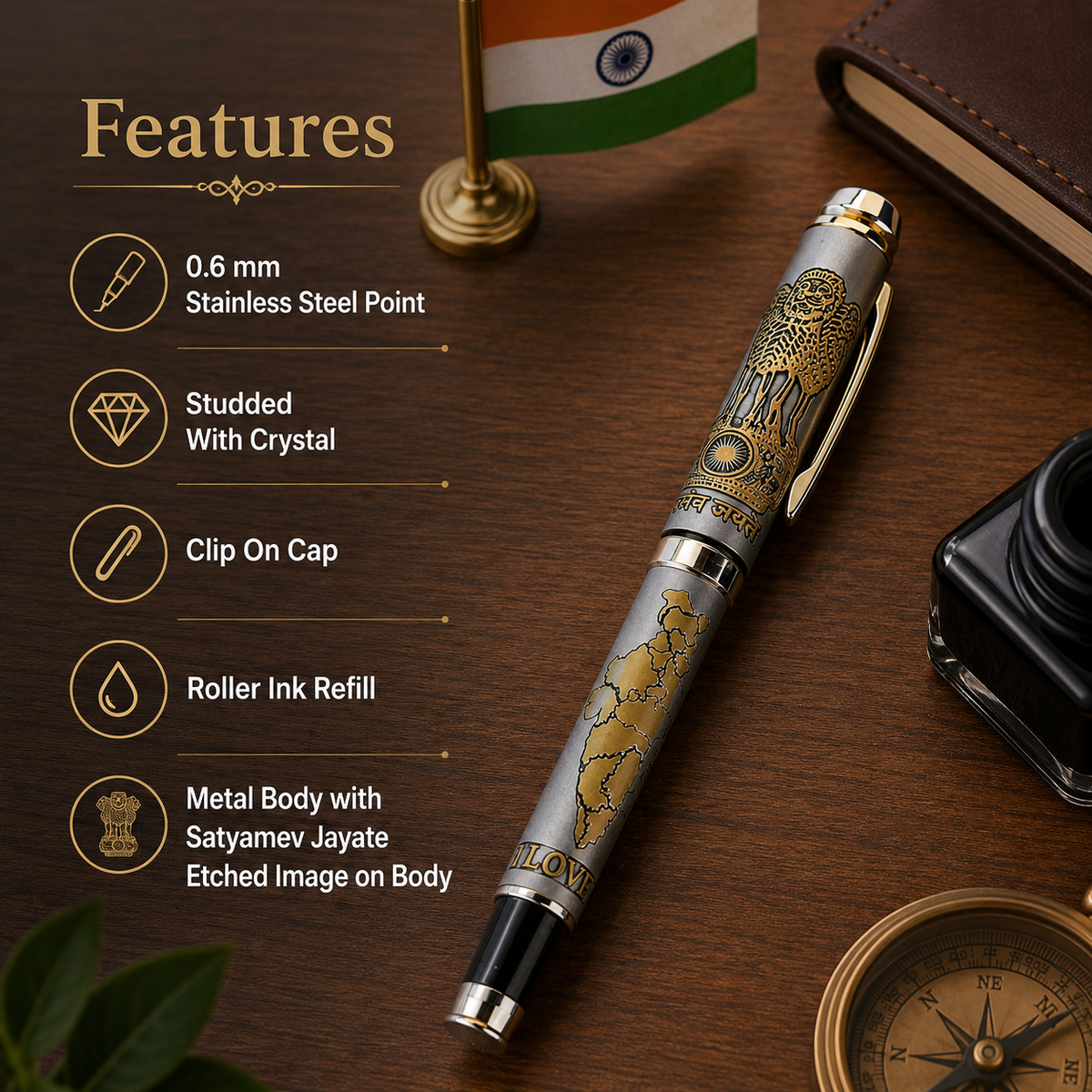 I Love India Premium Etched Metal Roller Pen