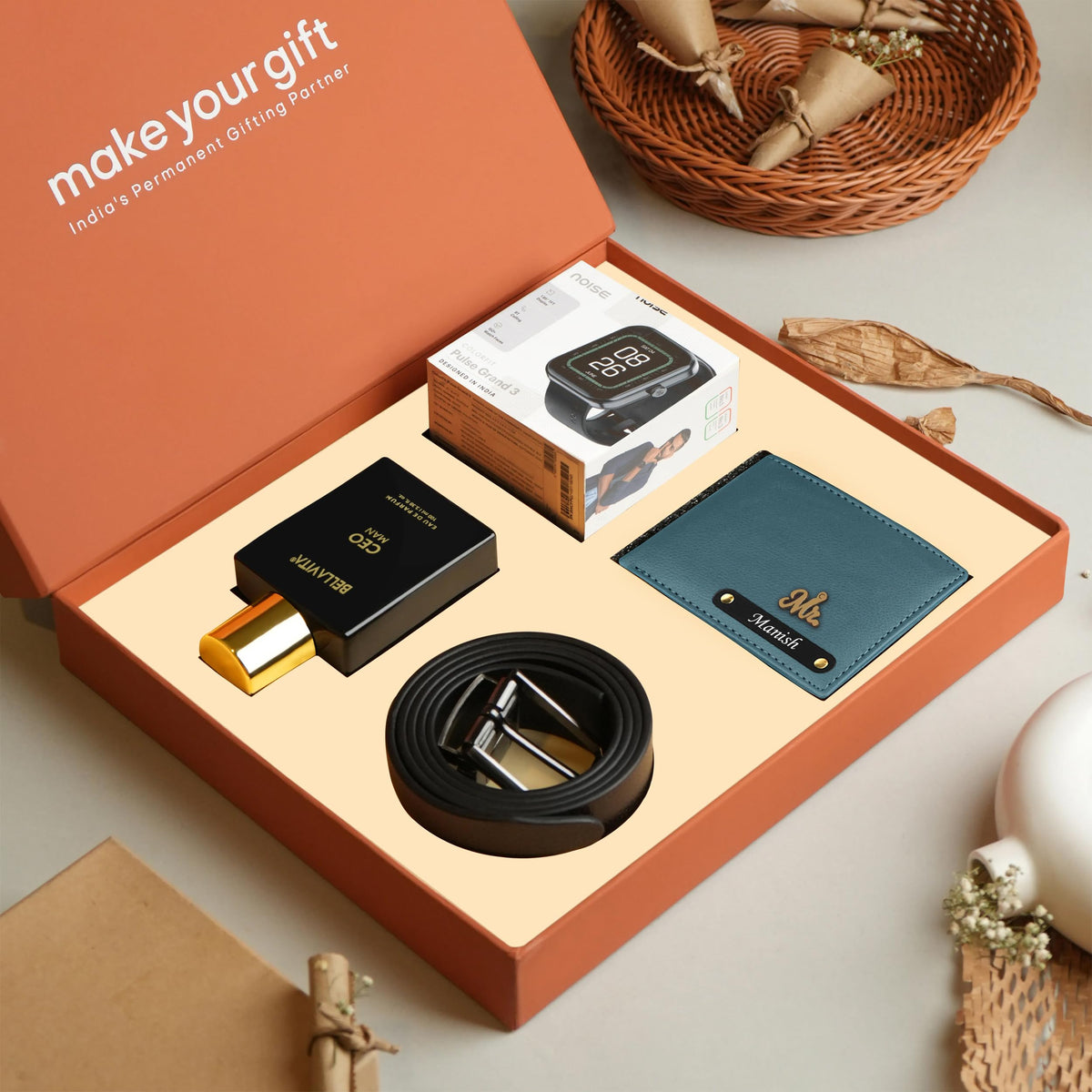 Personalized Wallet Belt Perfume And Smartwatch Gift Hamper