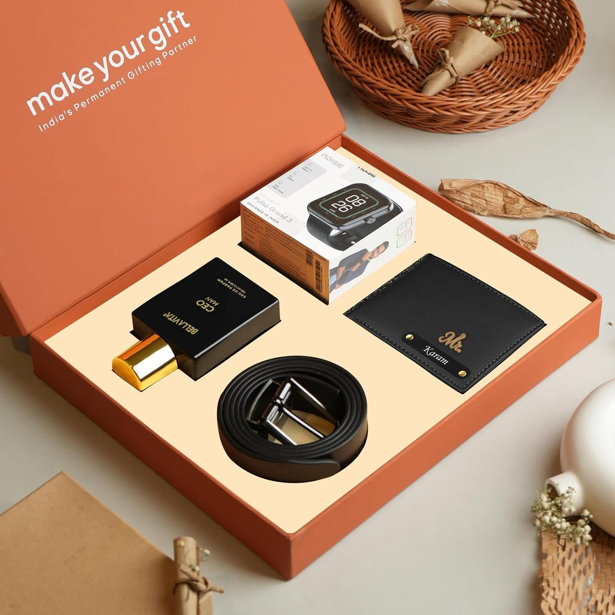 Personalized Wallet Belt Perfume And Smartwatch Gift Hamper