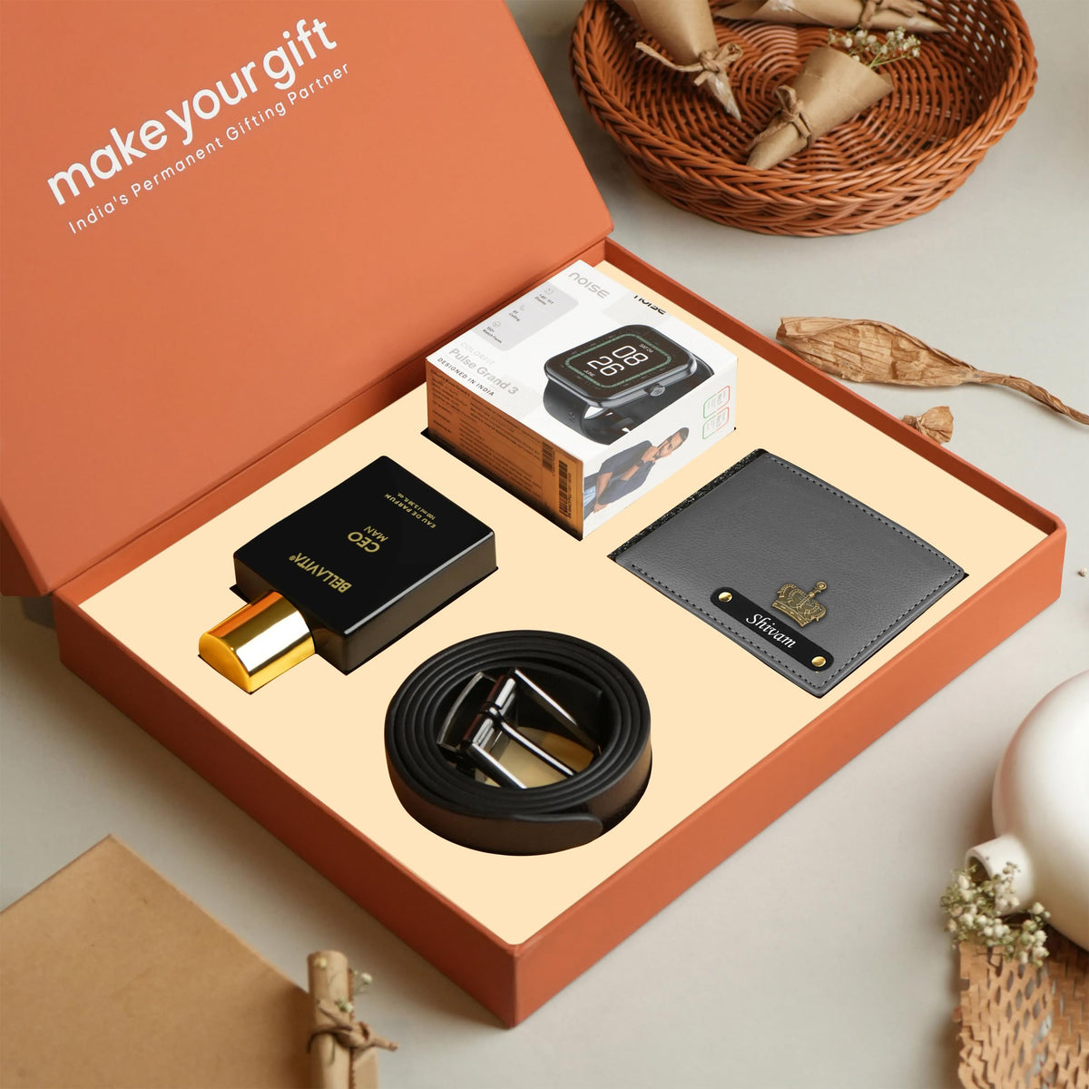 Personalized Wallet Belt Perfume And Smartwatch Gift Hamper
