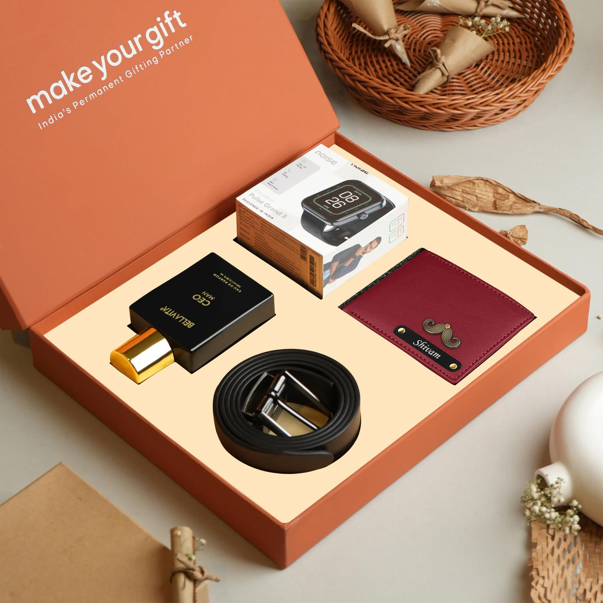 Personalized Wallet Belt Perfume And Smartwatch Gift Hamper