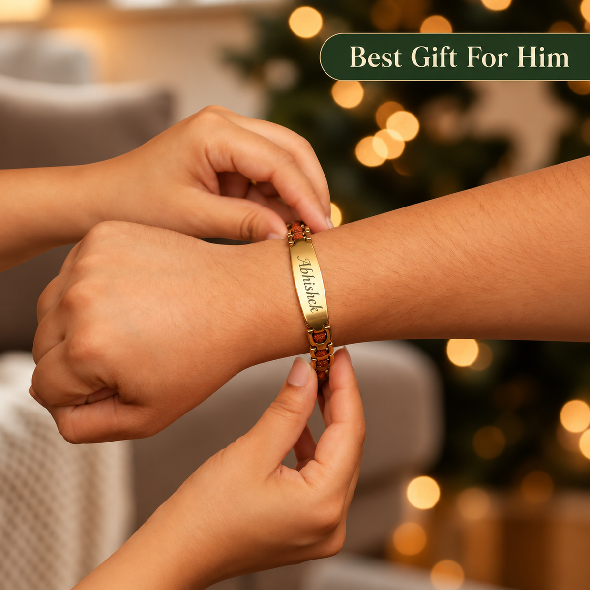 Personalised Brass Rudraksha Bracelet with Name – 24K Gold-Plated, A Spiritual Gift from the Heart