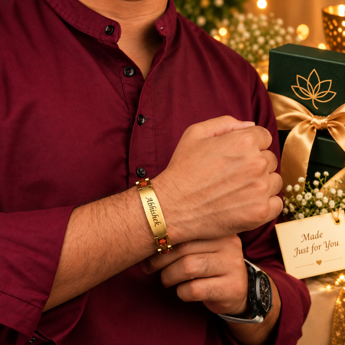 Personalised Brass Rudraksha Bracelet with Name – 24K Gold-Plated, A Spiritual Gift from the Heart
