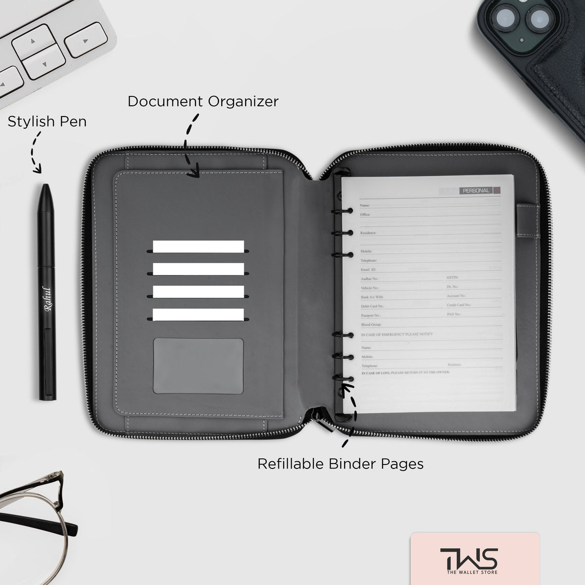 Personalized Zipper Diary & Pen Gift Set With Inbuilt LED Light & Wireless Charging