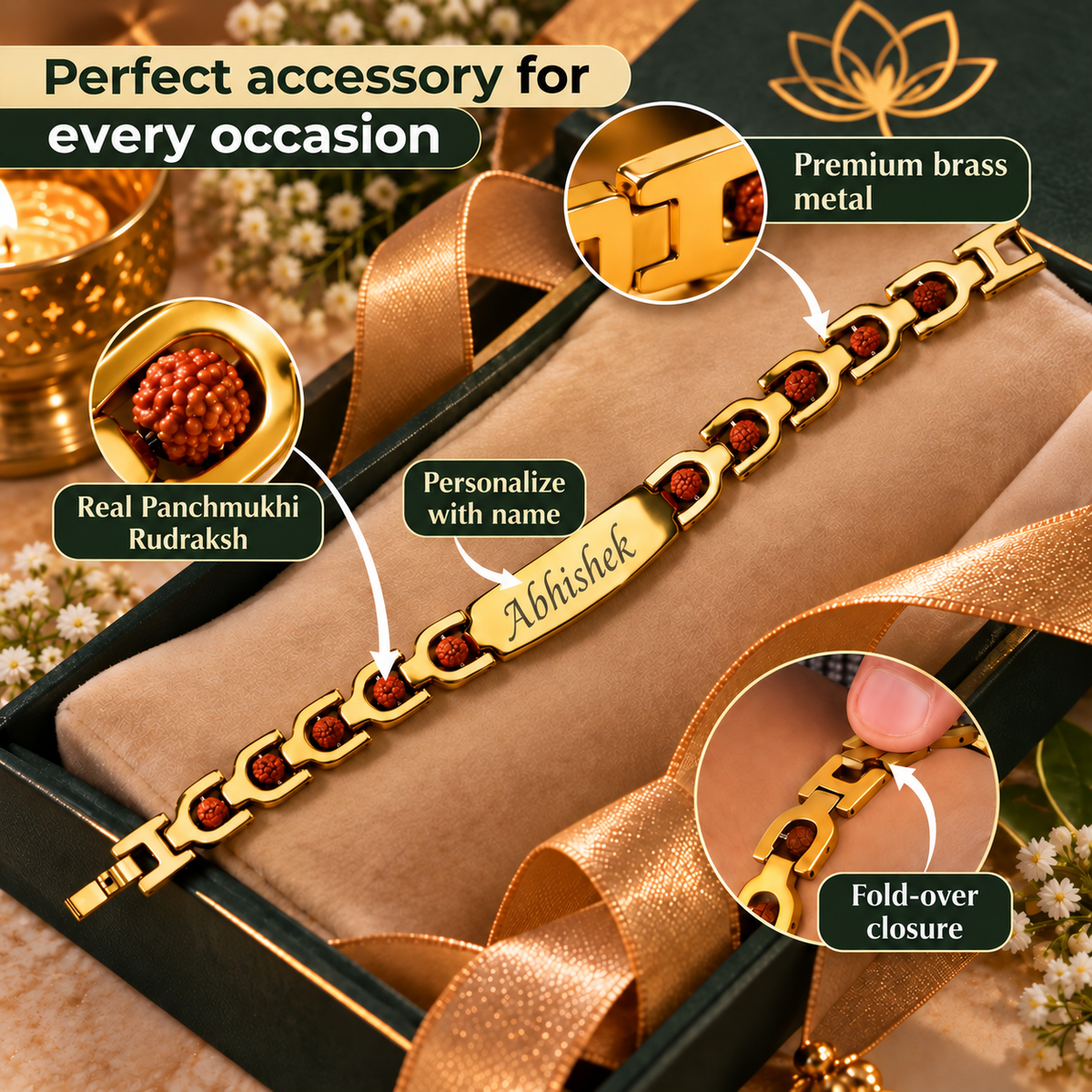 Personalised Brass Rudraksha Bracelet with Name – 24K Gold-Plated, A Spiritual Gift from the Heart